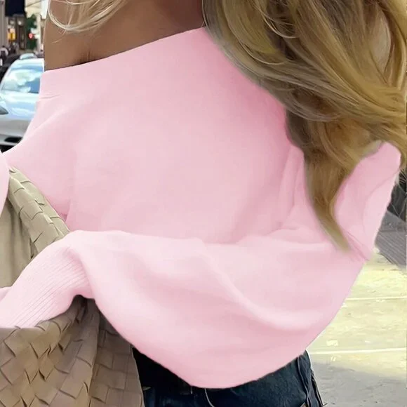 Pink Casual Women's Asymmetric Shoulder Sweater - Picture 2 of 8